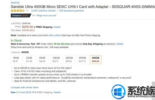 闪迪400GB超大容量microSD卡开始出售，人民币1465元